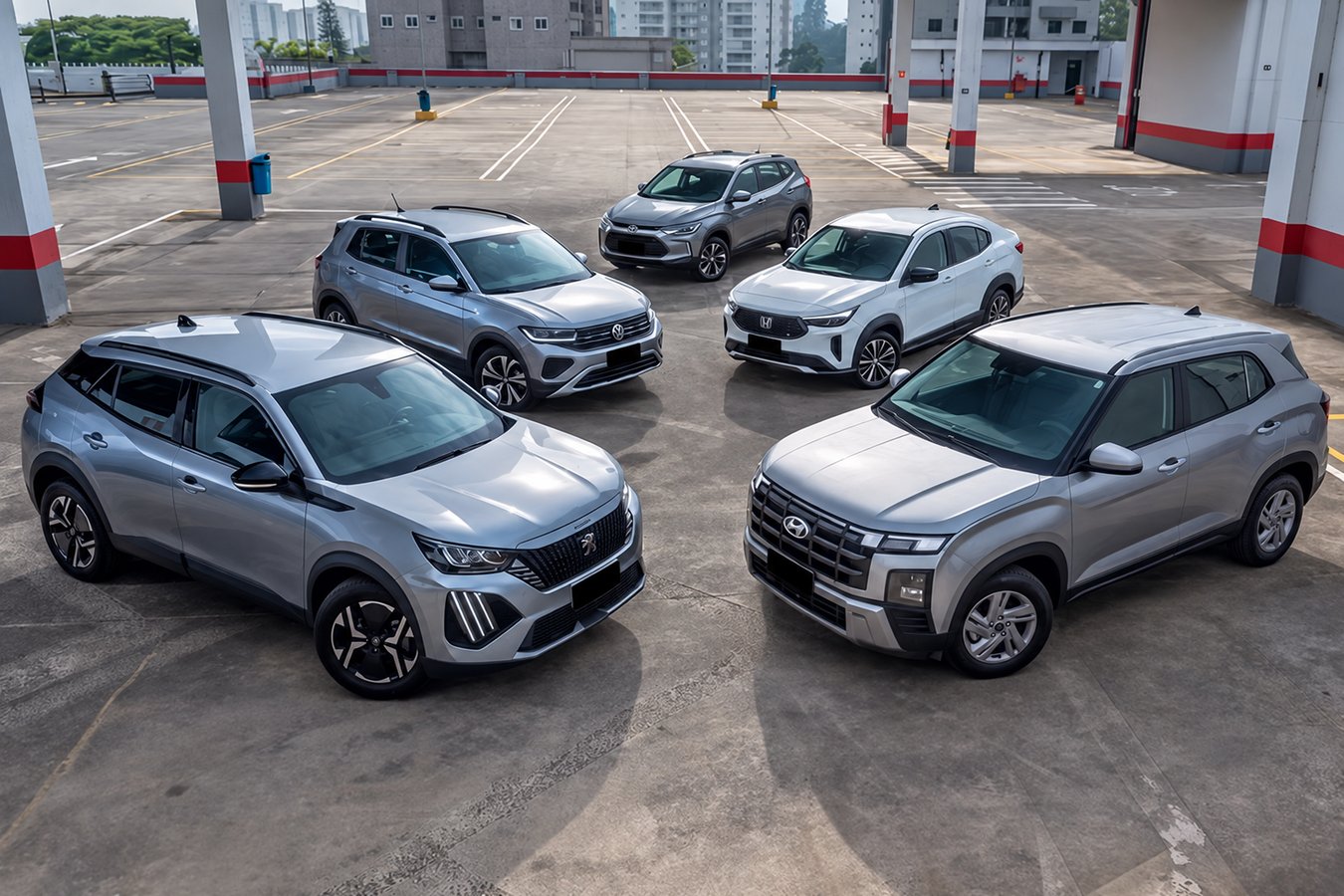 Cinco carros zero km alinhados no pátio